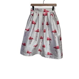 Midi Skirt Flamingo Print‎ Pleated Party Cocktail White Pink Size 12